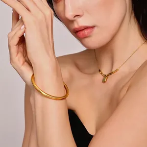 Minimalist Round Bangle Bracelet Stainless Steel 18K Gold Plated Simple Smooth Circle Wristband Fashion Jewelry For Women