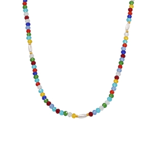 Colorful crystal beads and pearls necklace with vibrant faceted stones and golden accents