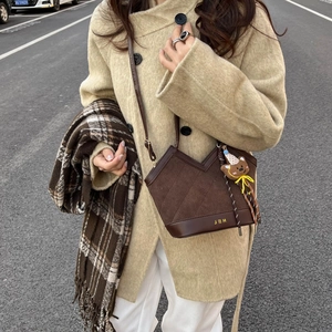 Brown suede shoulder bag with V-shaped top, golden JDH logo and cute bear charm
