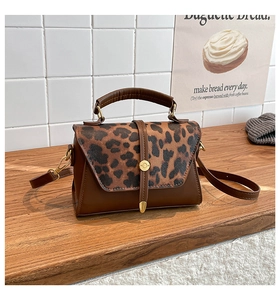 Close-up of retro crossbody bag with leopard print flap and golden metal buckle details