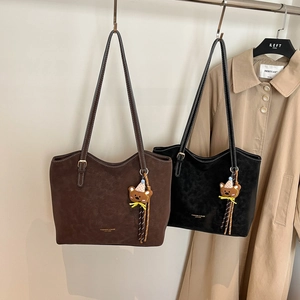 Vintage frosted leather tote bag with bear pendant in dark brown and black colors