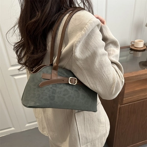Retro dark green suede underarm bag with leopard pattern and brown leather straps