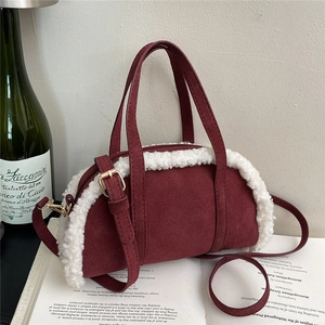 Sac À Main En Suédine Peluche Femme Automne Hiver Couleur Contrastée Laine D'Agneau Sac À Épaule Bandoulière Bowling