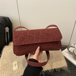 Leopard Print Underarm Baguette Bag For Women Vintage Matte Faux Suede Shoulder Handbag With Flap Magnetic Snap