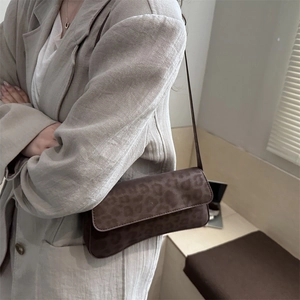 Brown leopard print baguette bag for women, chic velvet underarm shoulder handbag style