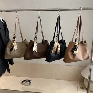 Women Large Capacity Vintage PU Leather Tote Bag Commute Shoulder Bag With Decorative Satin Scarf Solid Color Handbag For Office