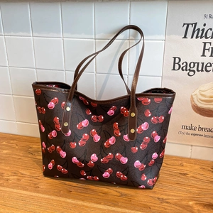 Cherry Print Women PU Leather Tote Bag Large Capacity Fashion Casual Shoulder Handbag Shopping Bag For Daily Use