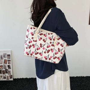 Women's cherry print tote bag with large capacity for shoulder carry and stylish design
