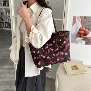 Women's cherry print tote bag with large capacity and brown shoulder straps