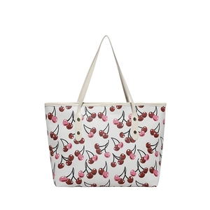Large cherry print tote bag for women featuring premium white leather and red fruit pattern