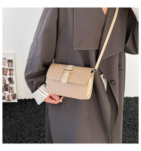 Detail of beige woven texture crossbody bag with gold buckle on model in beige coat