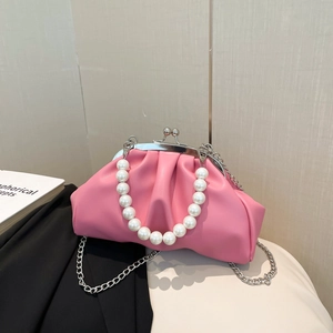 Women Pleated Cloud Clutch Bag Artificial Pearl Handle PU Leather Chain Shoulder Crossbody Evening Purse Kiss Lock Party Handbag