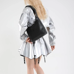 Minimalist black crocodile pattern hobo shoulder bag in soft PU leather for women