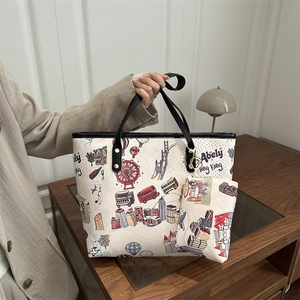 Sac À Main Fourre-Tout Motif Ville Dessin Animé Et Petite Pochette Femmes Grande Capacité Cuir PU Style Urbain