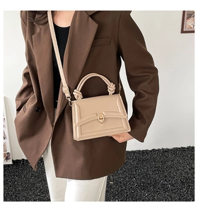 Detail of beige square crossbody bag featuring a golden ring lock and knot handle