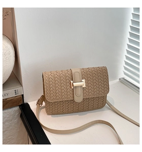 Detail shot of beige woven shoulder bag featuring an elegant gold metal clasp closure