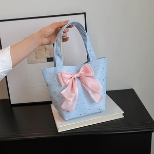 Star Print Canvas Tote Handbag With Ribbon Bow Sweet Style Portable Small Bag For Women Girls
