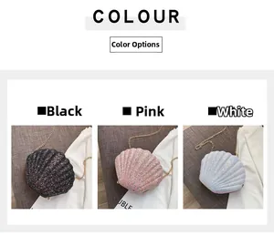 Detail showing shell-shaped sequin crossbody bags in black, pink, and white options