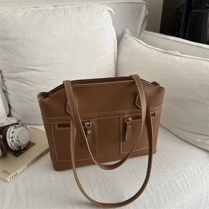 Sac Cabas Femme Vintage en Cuir PU Grande Capacité Sac à Bandoulière Avec Surpiqûres Contrastées Et Poches Zippées Avant Sac de Mode pour le Travail