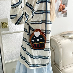 Cute cupcake shaped crossbody bag for girls with heart patterns and red stripes