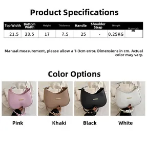 Size chart showing PU leather crescent bag dimensions and four color variants