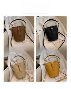 Detailed color selection showing bucket bags in brown, black, khaki, and yellow