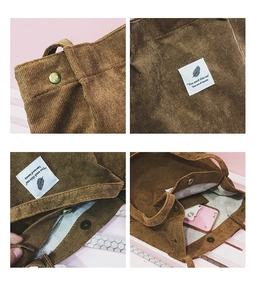 Détail du sac cabas en velours côtelé marron avec fermoir magnétique et poche interne