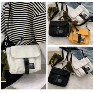Detail of canvas messenger bag with buckle closure and plush frog charm accessory