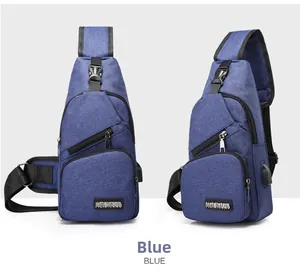Detailed views of blue crossbody chest bag showing side USB port and durable oxford fabric