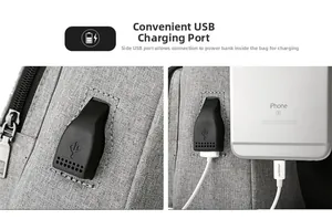 Detail of gray canvas sling bag featuring an integrated USB charging port for mobile devices