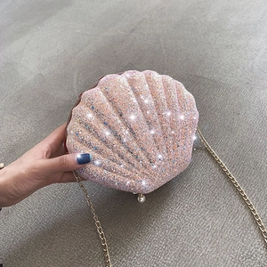 Women Sequin Shell Shaped Crossbody Bag With Gold Chain Strap Artificial Pearl Charm Glitter Shoulder Bag For Party Daily Fashion