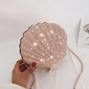 Sweet Seashell Shape Crossbody Bag For Women Sequin Glitter Evening Clutch Purse With Gold Chain And Artificial Pearl Decoration