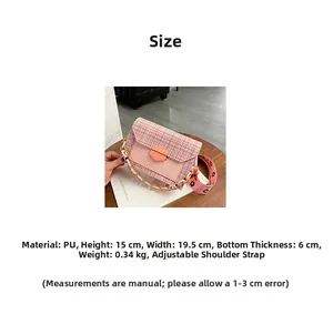 Detailed size guide for pink tweed crossbody bag with dimensions and strap features