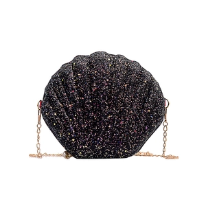 Sparkling shell-shaped evening bag with colorful glitter and gold chain strap