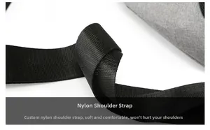 Close-up of durable nylon shoulder strap on gray crossbody bag for outdoor travel
