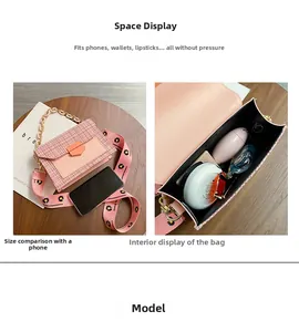 Pink tweed crossbody bag with daisy strap, gold chain handle, and spacious interior view