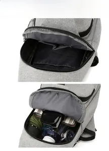 Internal view showing spacious compartments of a grey oxford fabric men's chest bag