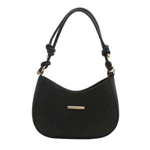 Minimalist black crescent shoulder bag with knot detail and golden metal bar accents