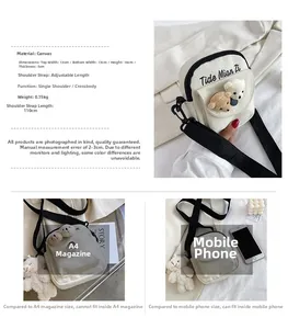 Detailed dimensions of beige canvas crossbody bag with cute bears and size comparison