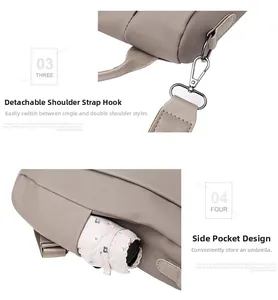 Detail of waterproof nylon backpack with detachable metal hook and side pocket for umbrella