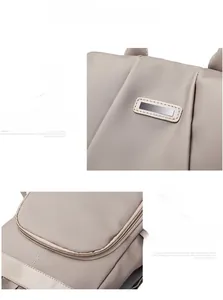 Detail of waterproof nylon backpack with metal logo and hidden anti-theft back zipper