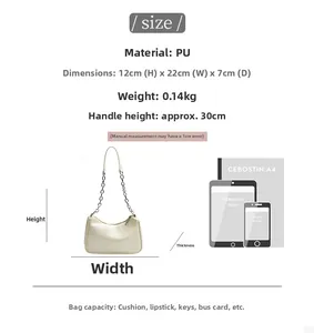 Size chart showing PU leather bag dimensions 12x22x7cm with capacity for small items