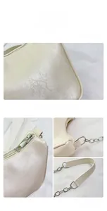 Detailed close-up of a cream white underarm bag with metal chain strap and stitching