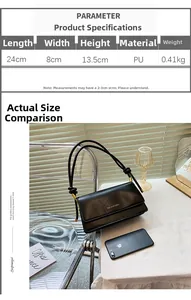 Detail view of a black PU leather crossbody bag with MEIXIAOMEI logo and size metrics