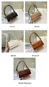 Detail of adjustable knotted shoulder strap and five available colors for the baguette bag