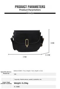 Detailansicht der schwarzen PU-Satteltasche mit Metallschnalle und Produktmaßen
