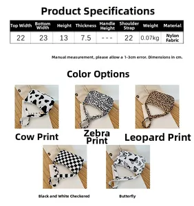 Detailed dimension guide for nylon underarm bags in animal and checkered prints