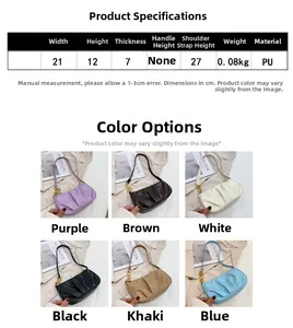 Detailed sizing chart and six color options for the stylish pleated PU shoulder bag