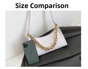 Size comparison of the white crocodile pattern baguette bag with a smartphone