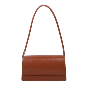 Classic brown crocodile embossed shoulder bag with elegant gold hardware on white background
